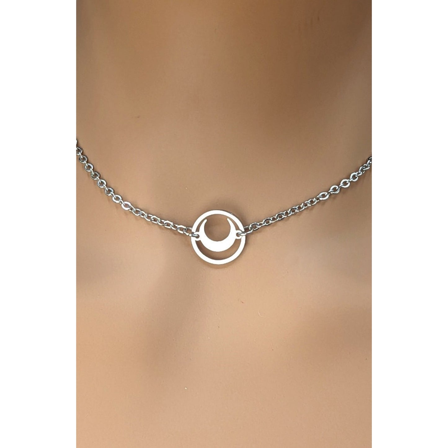 Unique Crescent Moon inside O-Ring Pendant Choker - Stainless Steel, Locking Options