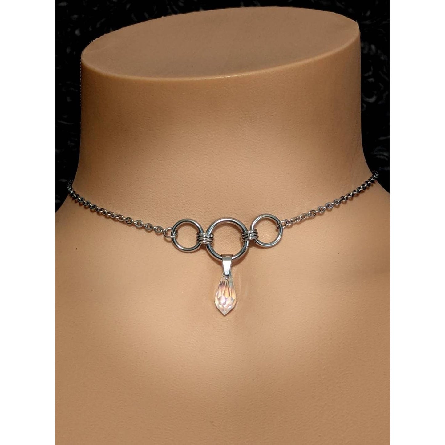 Triple O Ring Center Piece Stainless Steel Choker with Aurora Borealis Crystal Dangle