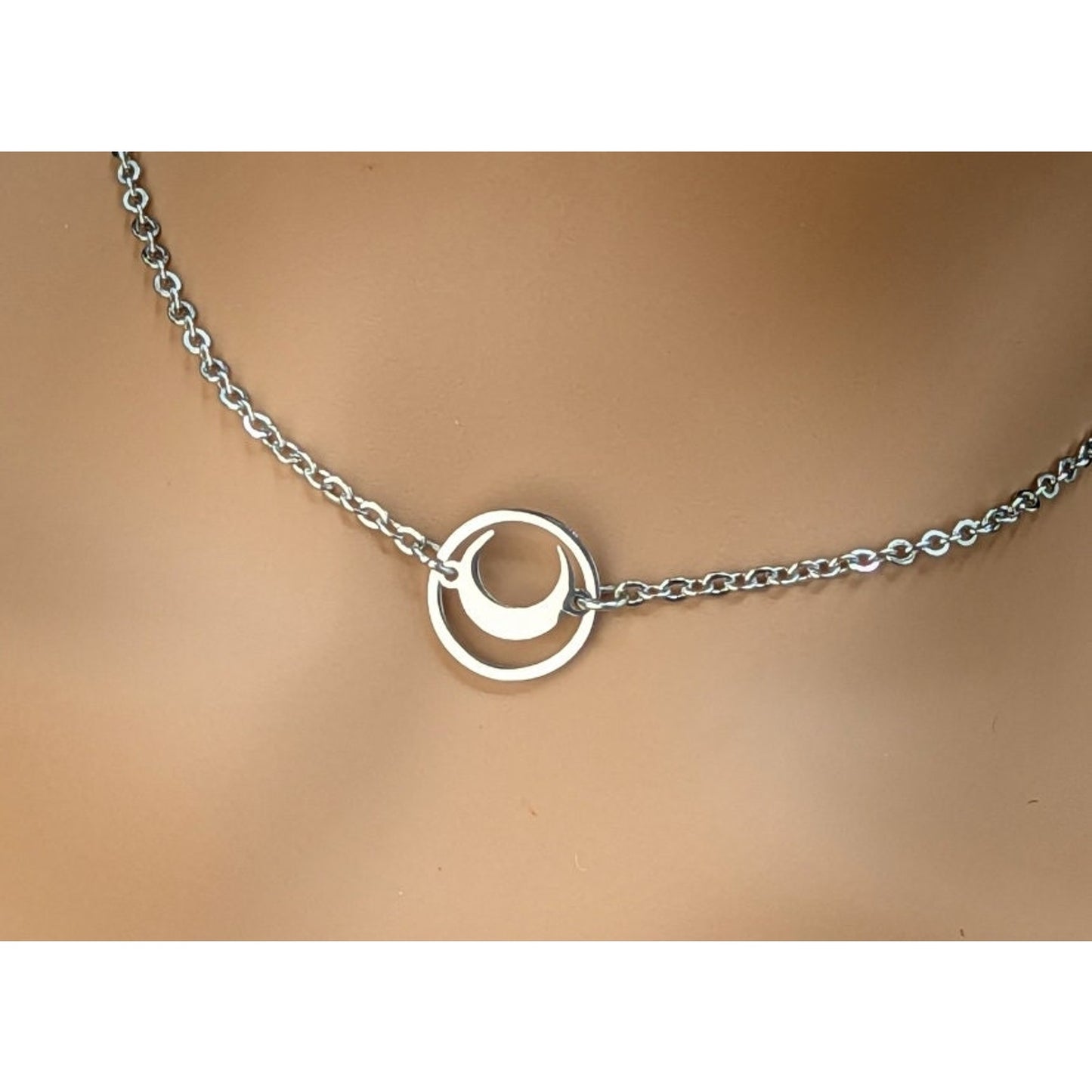 Unique Crescent Moon inside O-Ring Pendant Choker - Stainless Steel, Locking Options