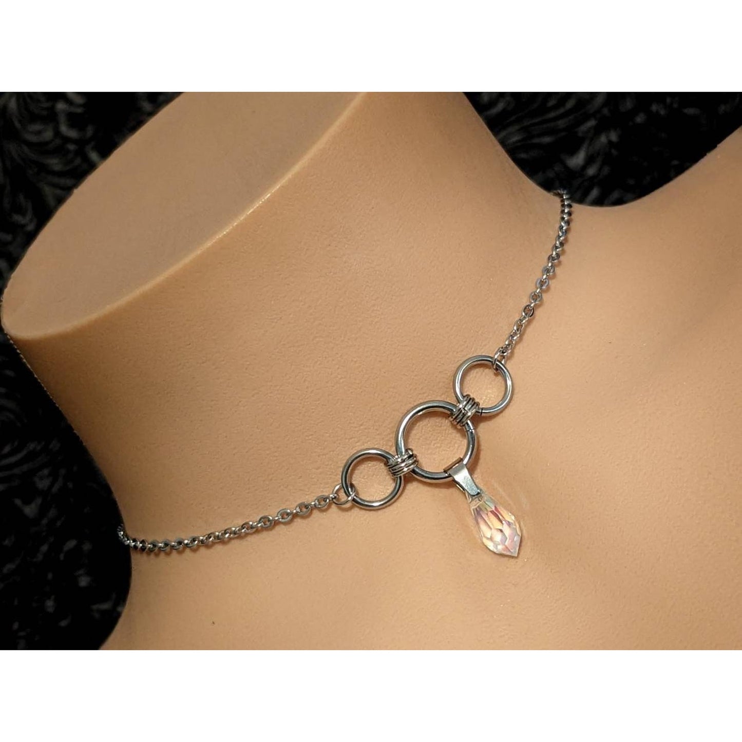 Triple O Ring Center Piece Stainless Steel Choker with Aurora Borealis Crystal Dangle