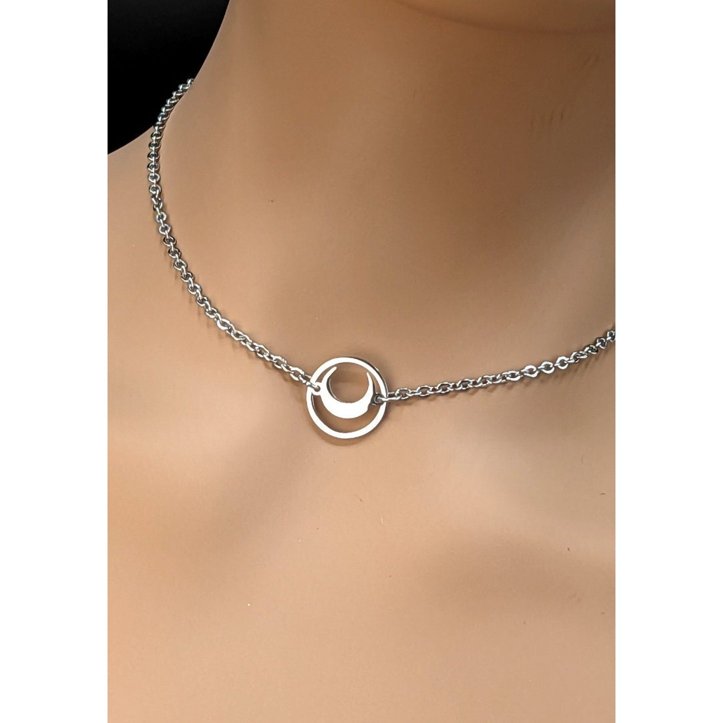 Unique Crescent Moon inside O-Ring Pendant Choker - Stainless Steel, Locking Options