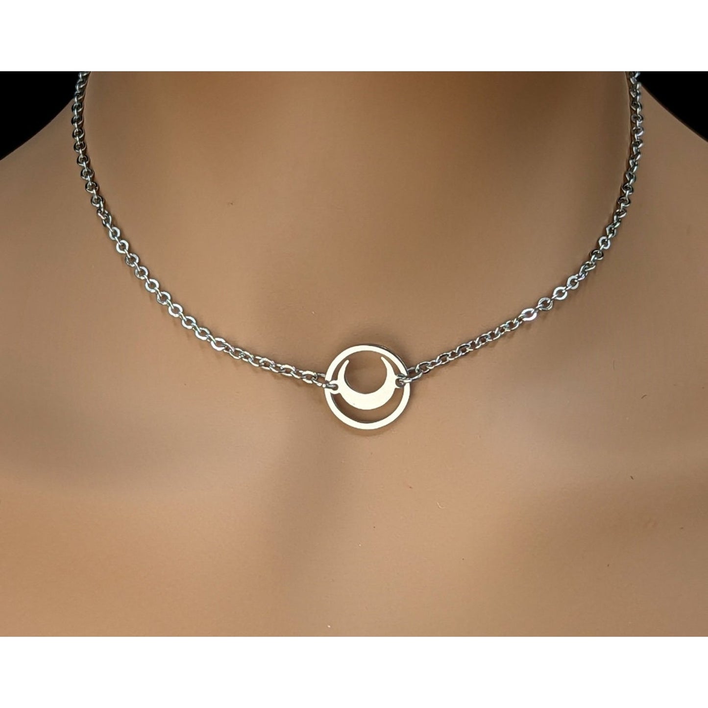 Unique Crescent Moon inside O-Ring Pendant Choker - Stainless Steel, Locking Options