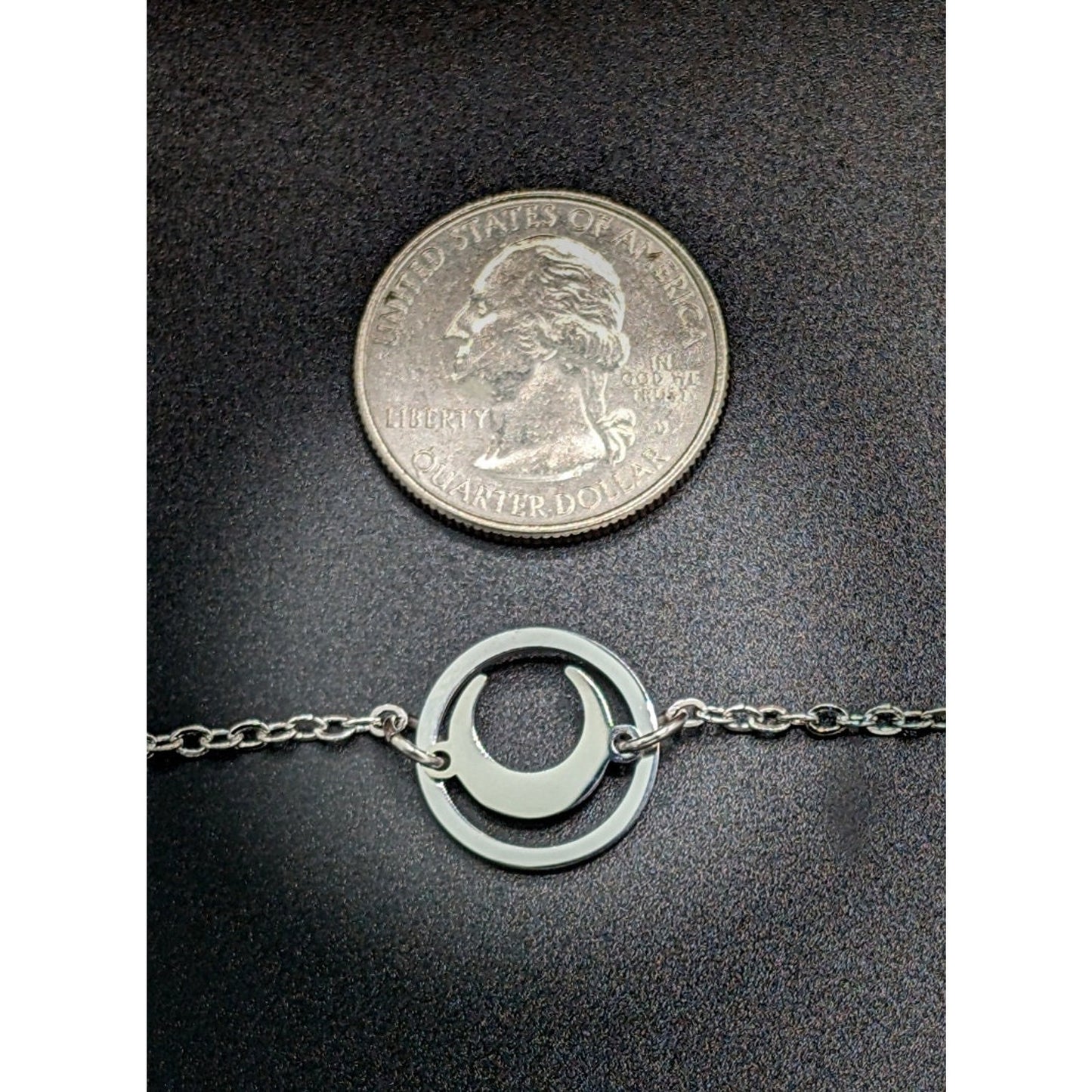 Unique Crescent Moon inside O-Ring Pendant Choker - Stainless Steel, Locking Options