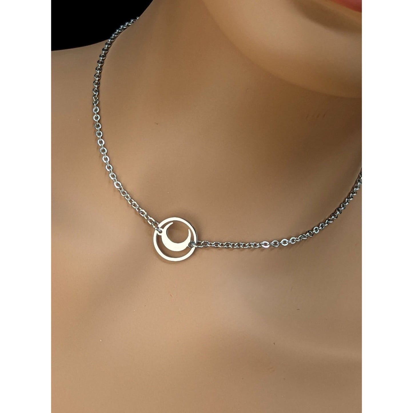 Unique Crescent Moon inside O-Ring Pendant Choker - Stainless Steel, Locking Options